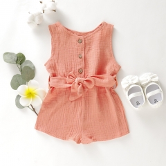 Wholesale new design bow belt cotton muslin baby girl clothes romper