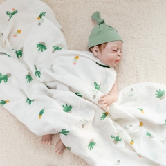 White cactus printed100% cotton swaddling wrap blanket